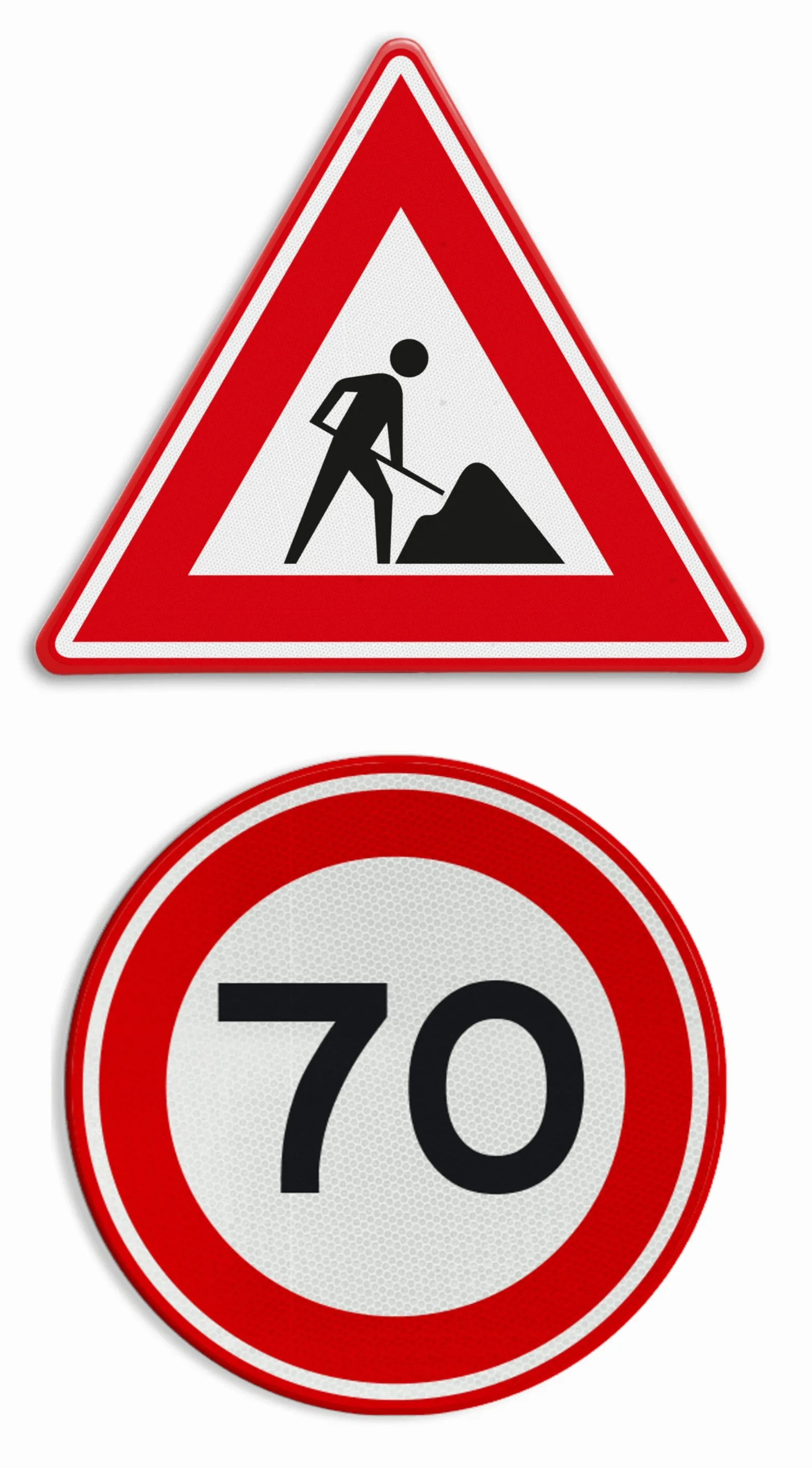 Een waarschuwingsbord voor werkzaamheden met daaronder een bord dat een maximumsnelheid van 70 aangeeft.